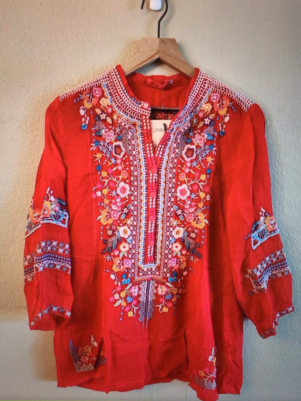 Johnny Was Red Floral Embroidered Boho Tunic